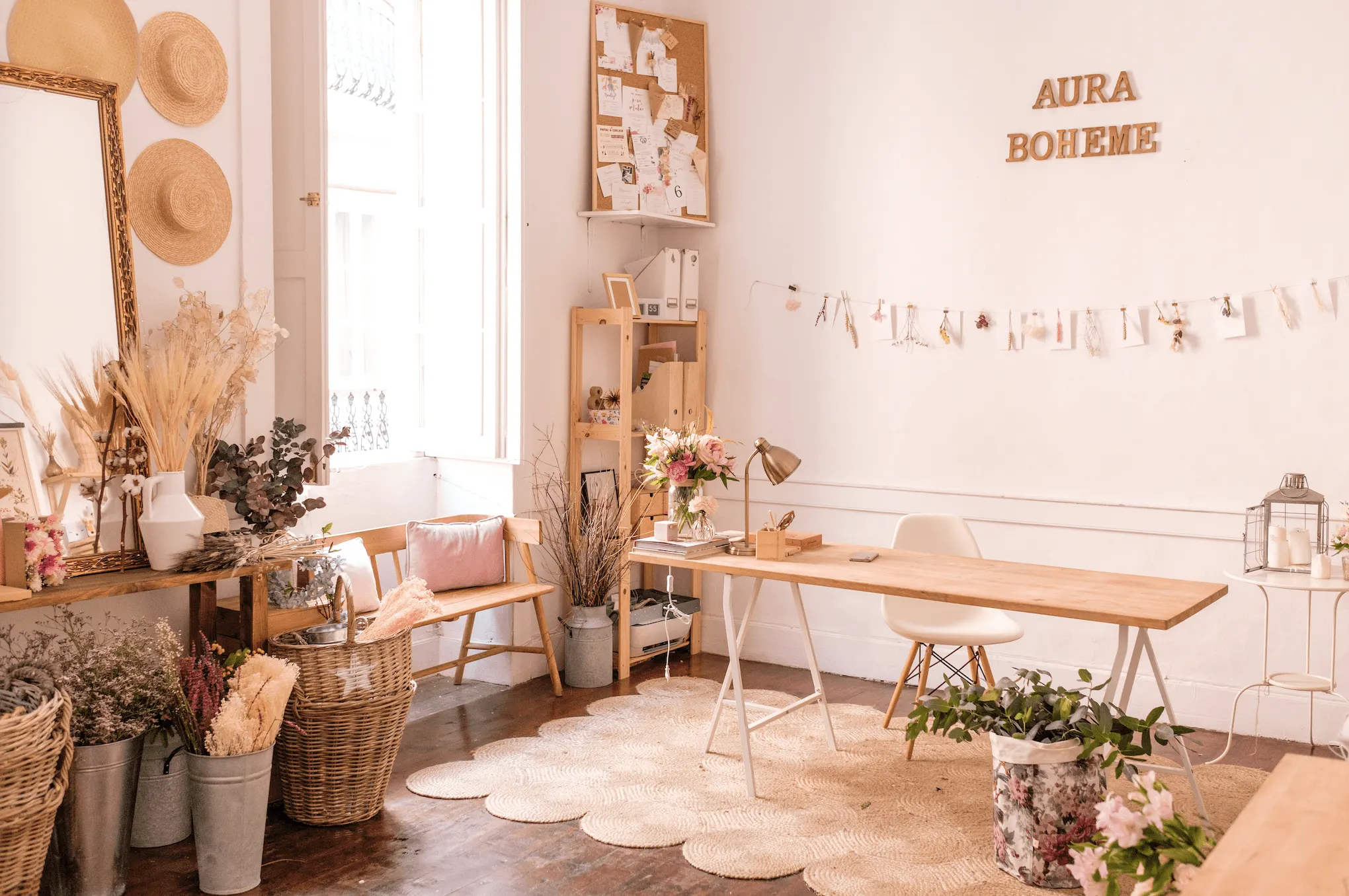 Interior del taller floral Aura Bohème con flores secas