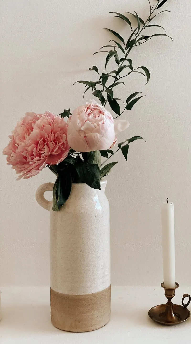 Peonías rosas en un jarrón de cerámica